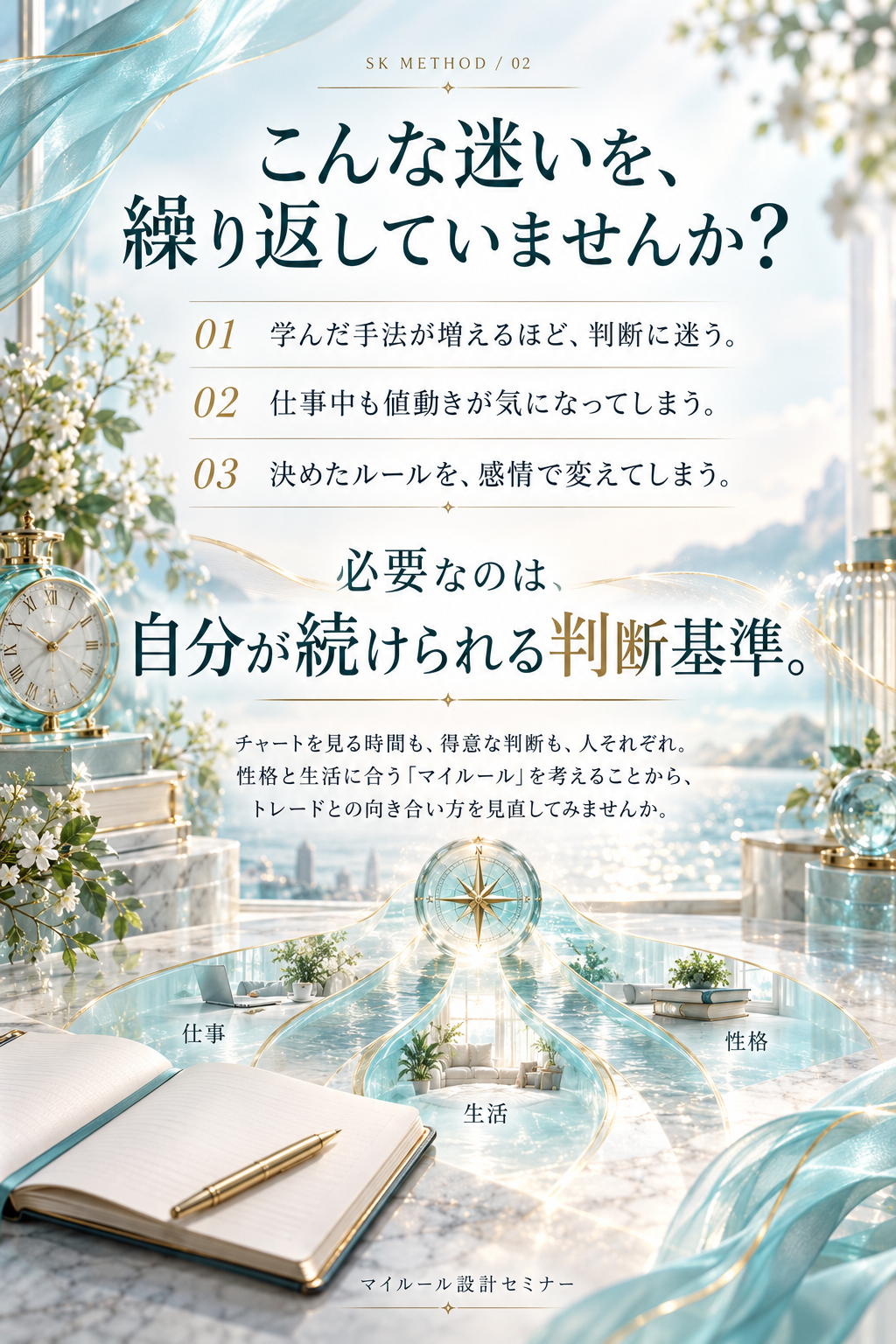 手法が増えるほど判断に迷う、仕事中も値動きが気になる、感情でルールを変える。自分が続けられる判断基準を考えます。